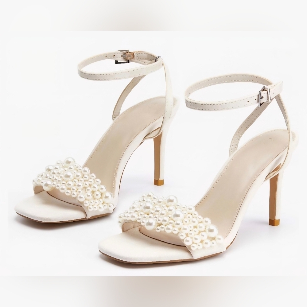 Coutgo Elegant Pearl-Embellished Nude Heels #654